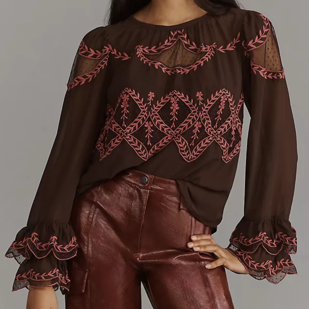 Anthropologie Size Large Embroidered Brown and Pink Women's Top